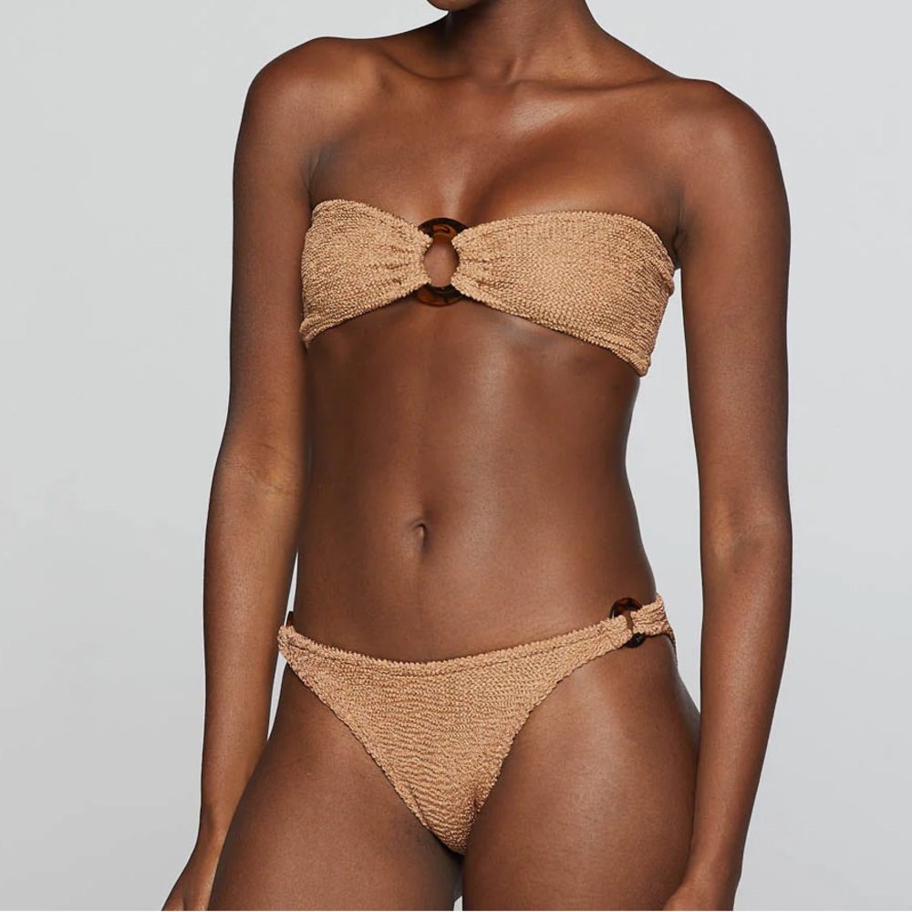 New Hunza G Gloria Bikini SET Metallic Cocoa Seersucker Bandeau Crinkle Tan Cute - Picture 7 of 12